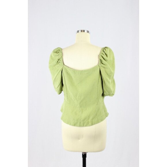 Aritzia WILFRED Janine Green Linen Blend Peplum Prairie Blouse Top, Size M - Picture 3 of 16